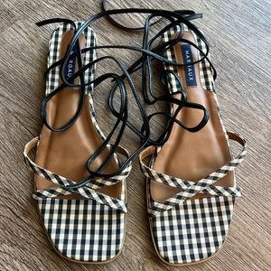Margaux wrap sandal in tan and black gingham 38.5W